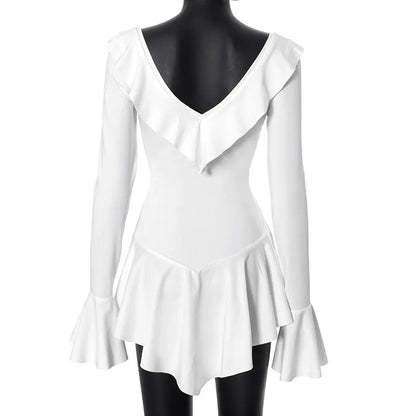 Ruffled Lace-Up White Mini Dress Women's V-Neck Patchwork Long Sleeve Sexy Slim Dress Bandage Elegant Female Summer Dress