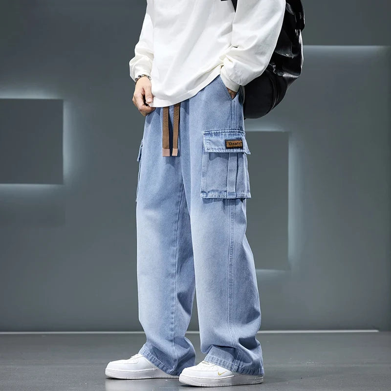 2026 New Wide Leg Washing Jean Pants Men Trousers Neutral Solid Color Loose Casual Fashion Pocket Cargo Pants Big Size 8XL