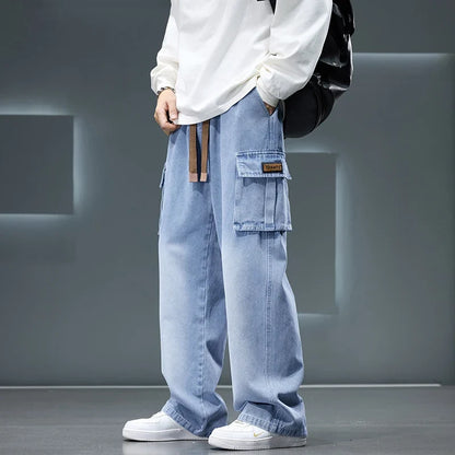 2026 New Wide Leg Washing Jean Pants Men Trousers Neutral Solid Color Loose Casual Fashion Pocket Cargo Pants Big Size 8XL