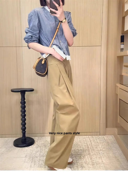 Khaki Casual Pants Women plus Size 200 Pou Loose Straight Leg High Waist Slimming Wide Leg Pants Commute Sle Korean Version