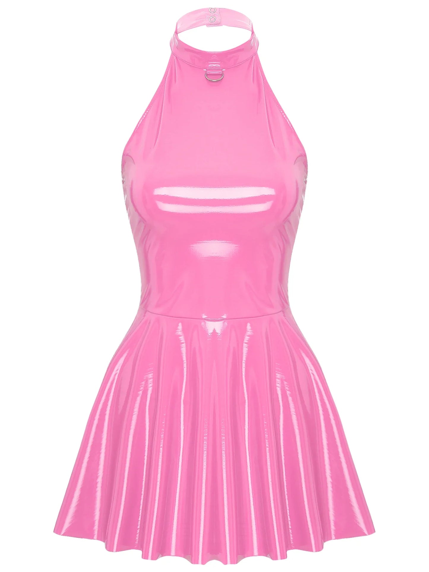 Womens Glossy Patent Leather Glossy Mini Skater Dress Halter Backless Bodycon Lingerie A-Line Dresses Rave Disco Party Clubwear