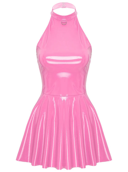 Womens Glossy Patent Leather Glossy Mini Skater Dress Halter Backless Bodycon Lingerie A-Line Dresses Rave Disco Party Clubwear