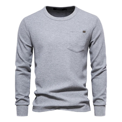 Men's Waffle Cotton Long Sleeve T-Shirt - Solid Color Single Pocket Design, Autumn Basic Breathable Top for Casual Outfits