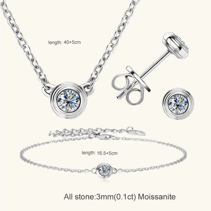 3mm 0.1ct Moissanite Diamond Necklace Bracelet Stud Earring For Women Simple Single Stone Earrings Bracelets Jewelry Set