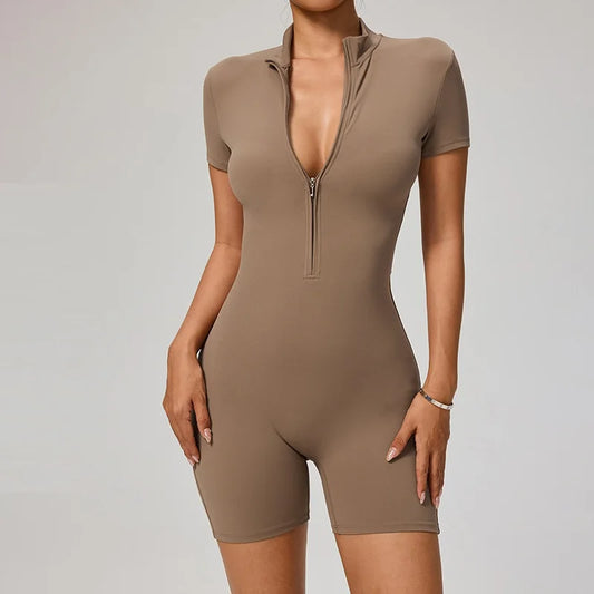 Solid Color Half Zip Short Sleeved Shirt Short Leg Set Tight Yoga Jumpsuit Women Gym Wear Fitness One Piece Sports Suit Workout