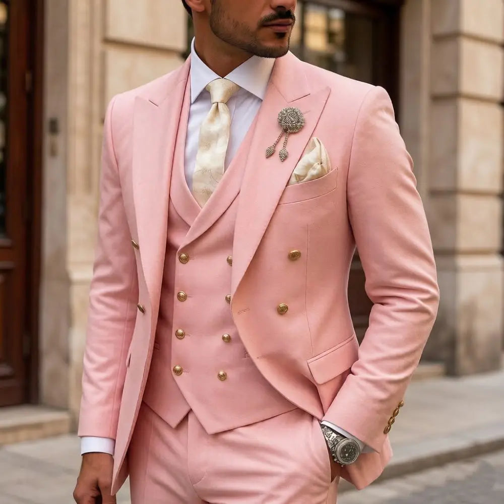 Mens White 3 Piece Suits Double Breasted Waistcoat Wedding Tuxedo Shiny Gold Buttons Luxury Formal Groom Prom Party Celebration