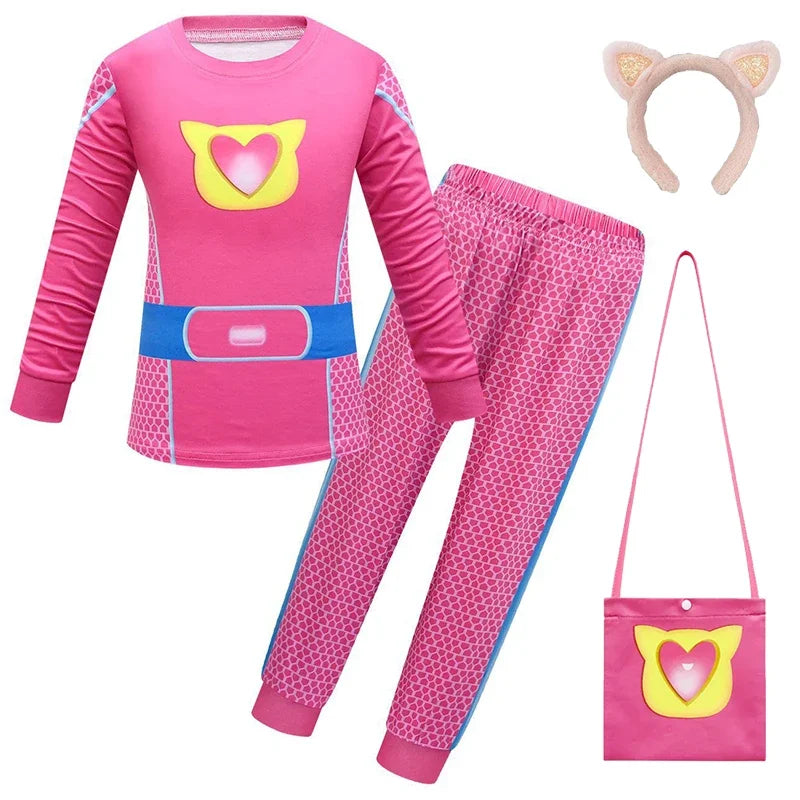 Children SuperKitties Halloween Cartoon Boys Cosplay Costume Super Kitties Buddy Girls Cos Suits Mask Bag Kids Birthday Clothing