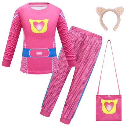 Children SuperKitties Halloween Cartoon Boys Cosplay Costume Super Kitties Buddy Girls Cos Suits Mask Bag Kids Birthday Clothing