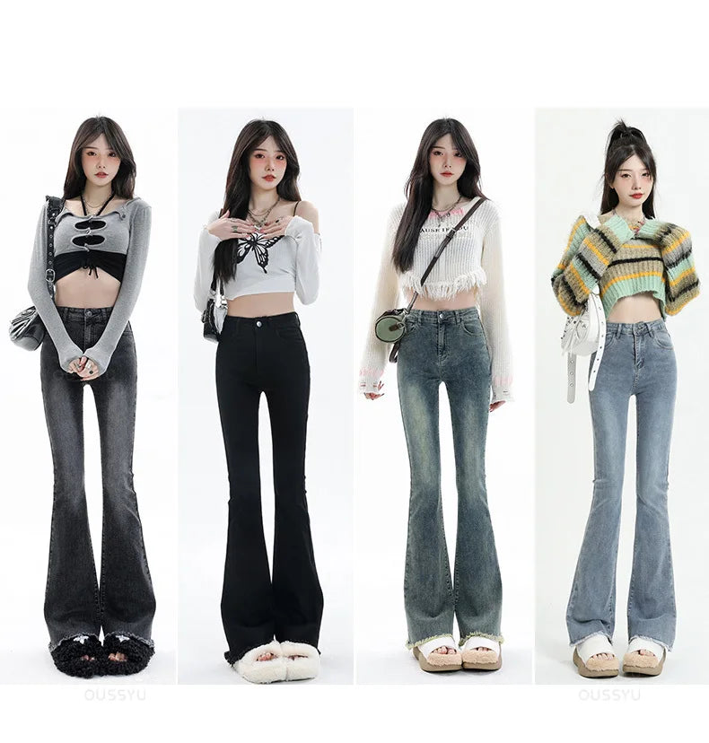 Spring Summer Flared Jeans Women Cotton Vintage Blue Denim Pants Streetwear Elastic High Waist Slim Harajuku Trouser Plus Length