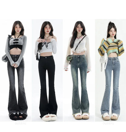 Spring Summer Flared Jeans Women Cotton Vintage Blue Denim Pants Streetwear Elastic High Waist Slim Harajuku Trouser Plus Length