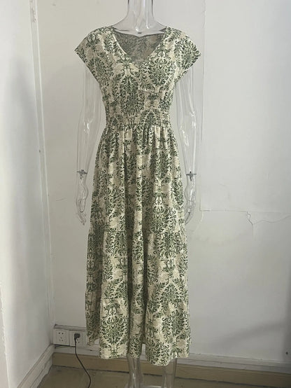 2026 Vintage Printed Dress Fashionable and Elegant V-Neck Short-Sleeved Jumpsuit Long Skirt Women's Clothing