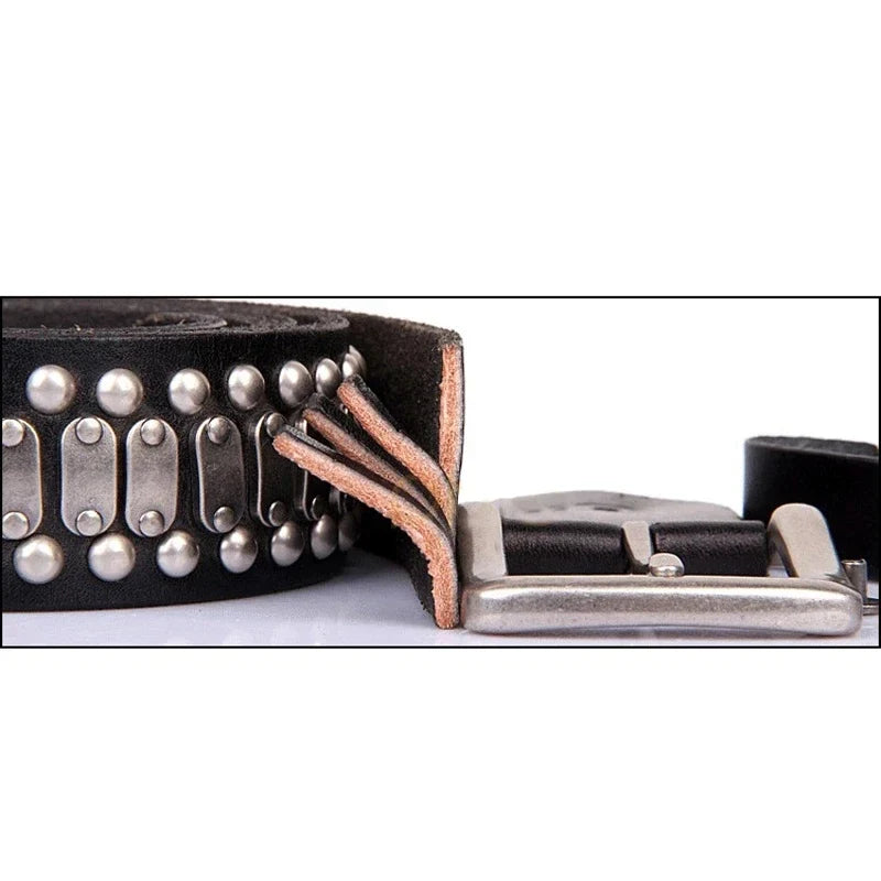 3.8CM Real Genuine Leather Belt Metal Pin Buckle Men Belt Male Wide Cowhide Hiphop Rock Rivet Belts for Men Ceinture Black