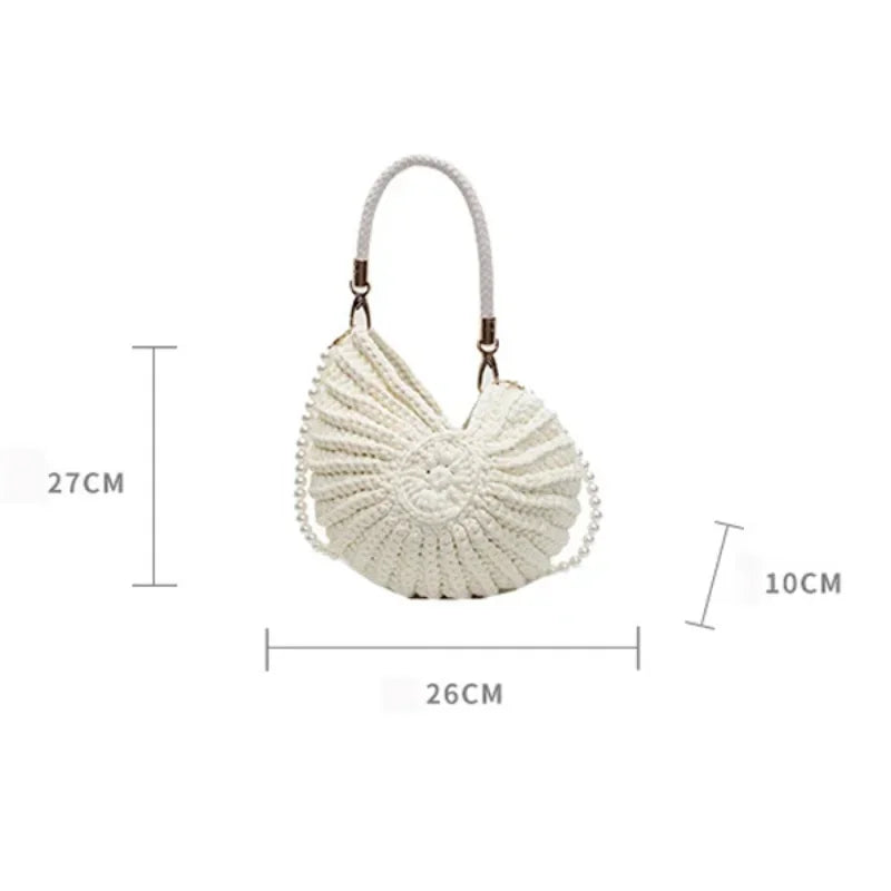 Fashion Conch Shaped Crochet Women Shoulde Bags Funny Cute Pearls Chains Handmade Weave Crossbody Bag Novelty Small Handbags
