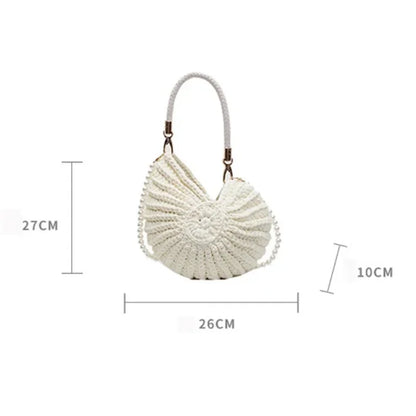 Fashion Conch Shaped Crochet Women Shoulde Bags Funny Cute Pearls Chains Handmade Weave Crossbody Bag Novelty Small Handbags