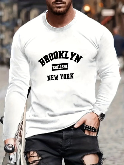 Men's 100% pure cotton loose and comfortable sports and leisure Brooklyn print round neck long sleeved T-shirt top