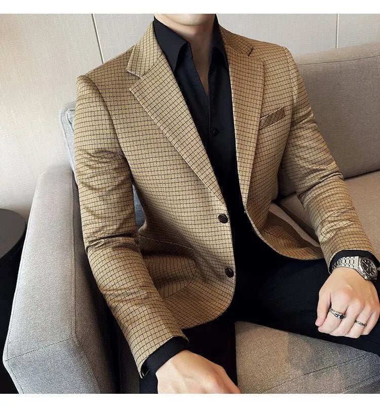 Men's Elegant Grid Suit Jacket 2026 Spring New Fashion Slim Blazer Jackets Social Prom Dress Jacket Men's High Quality Clothing