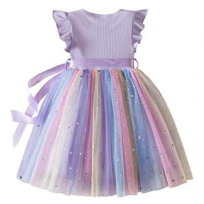 New Girls Dress for Sequins Birthday 1-5Y Toddler Girls Rainbow Tulle Dress Sweet Kids Princess Dress for Girls 2025 Summer Wear