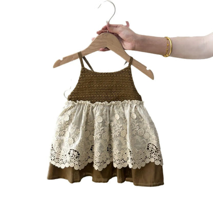Summer Girls Casual Dresses with Hat Children's Clothing 2025 New Girls' Hollow Out Sleeveless Skirt Children's Lace Dress