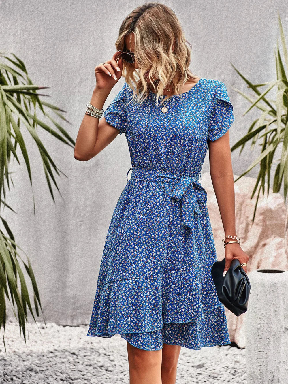 Summer O Neck Casual Printd Women Strap High Waist Pleated Floral Dress