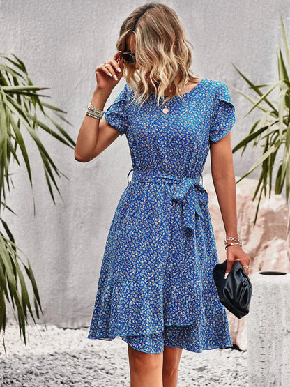 Summer O Neck Casual Printd Women Strap High Waist Pleated Floral Dress