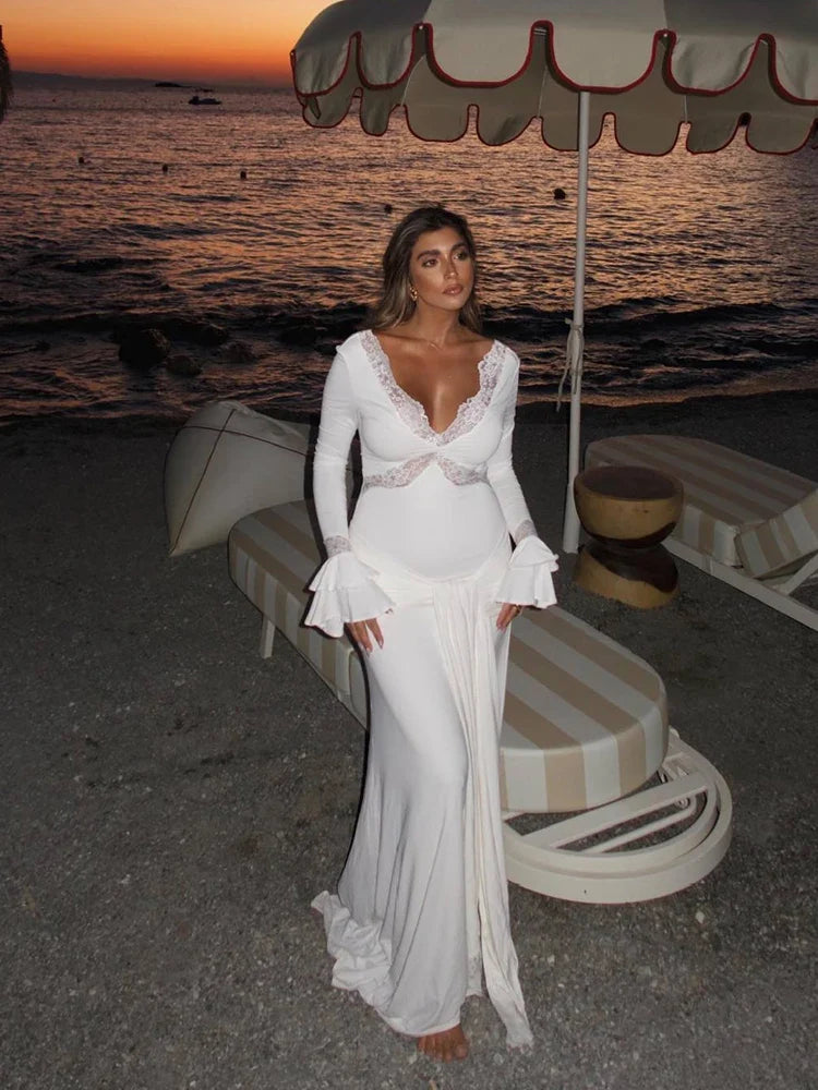 Slim Draped Ruched Hollow Out Maxi Dresses for Women Patchwork Lace V Neck Long Sleeve Long Dress Party Club Evening Robe