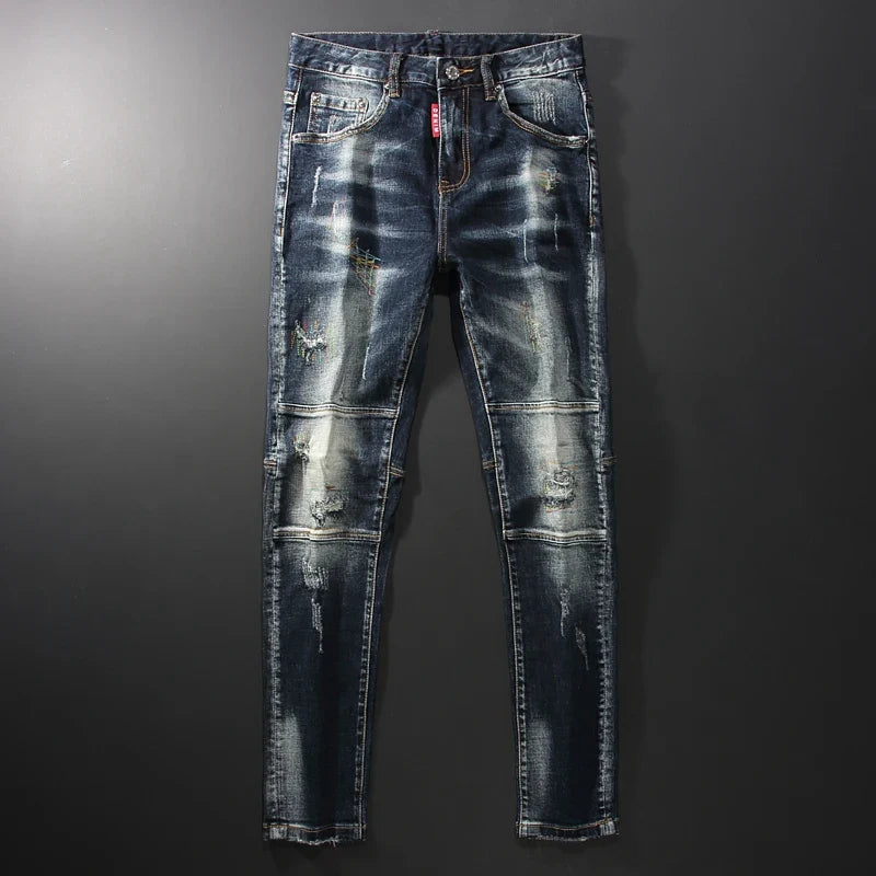 Streetwear Fashion Men Jeans Retro Black Blue Elastic Slim Fit Ripped Jeans Men Spliced Designer Embroidery Hip Hop Denim Pants