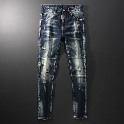 Streetwear Fashion Men Jeans Retro Black Blue Elastic Slim Fit Ripped Jeans Men Spliced Designer Embroidery Hip Hop Denim Pants