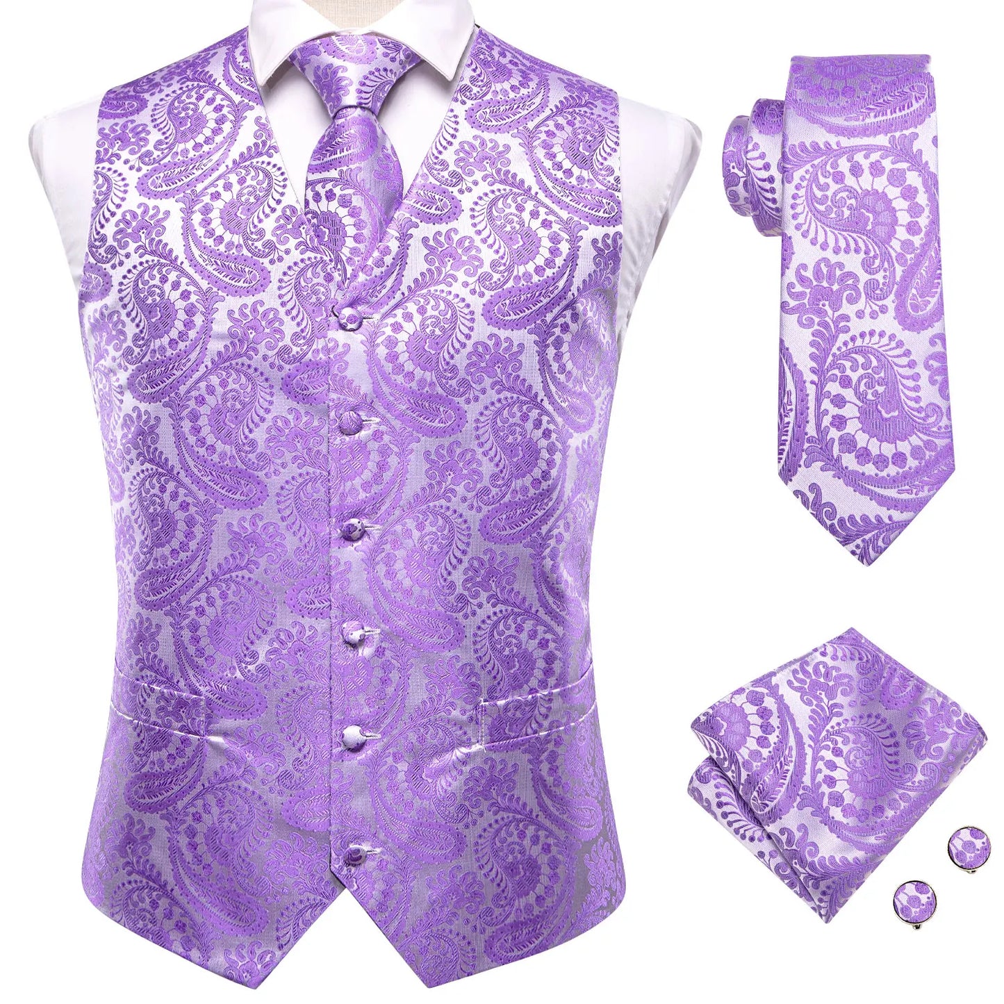 20 Color Men's Vests Tie Business Formal Dress Slim Sleeveless Jacket 4PC Hanky Cufflink Blue Paisley Suit Waistcoat