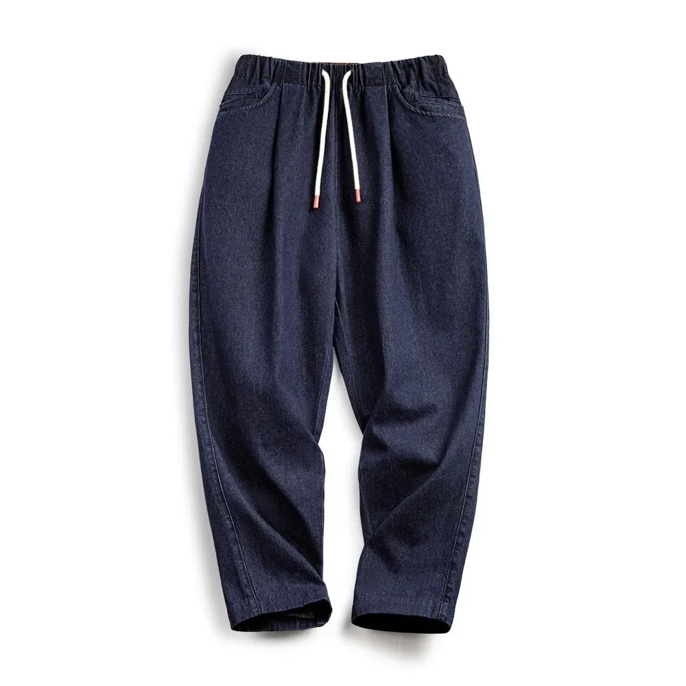 Casual 10oz Jogger Denim Jeans with Elastic Waist Drawstring Washed Straight Trousers for Men's Spring and Autumn Pants