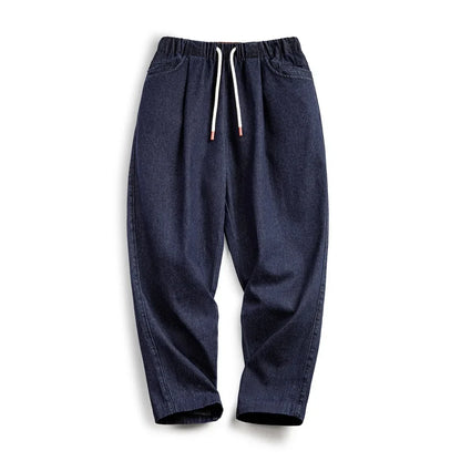 Casual 10oz Jogger Denim Jeans with Elastic Waist Drawstring Washed Straight Trousers for Men's Spring and Autumn Pants