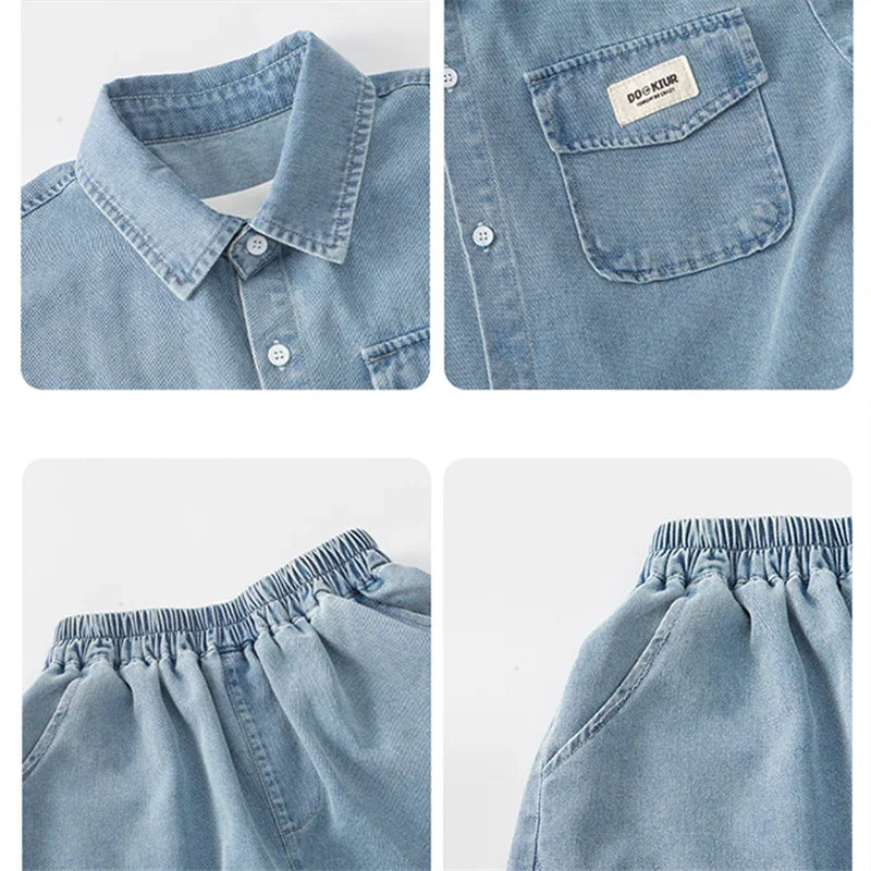 New Casual Kids Child Summer Denim Suit for Teenage Boy High Fashion Short Sleeve Shirt + Shorts 2 Pieces Clothing Set Age 5-14Y