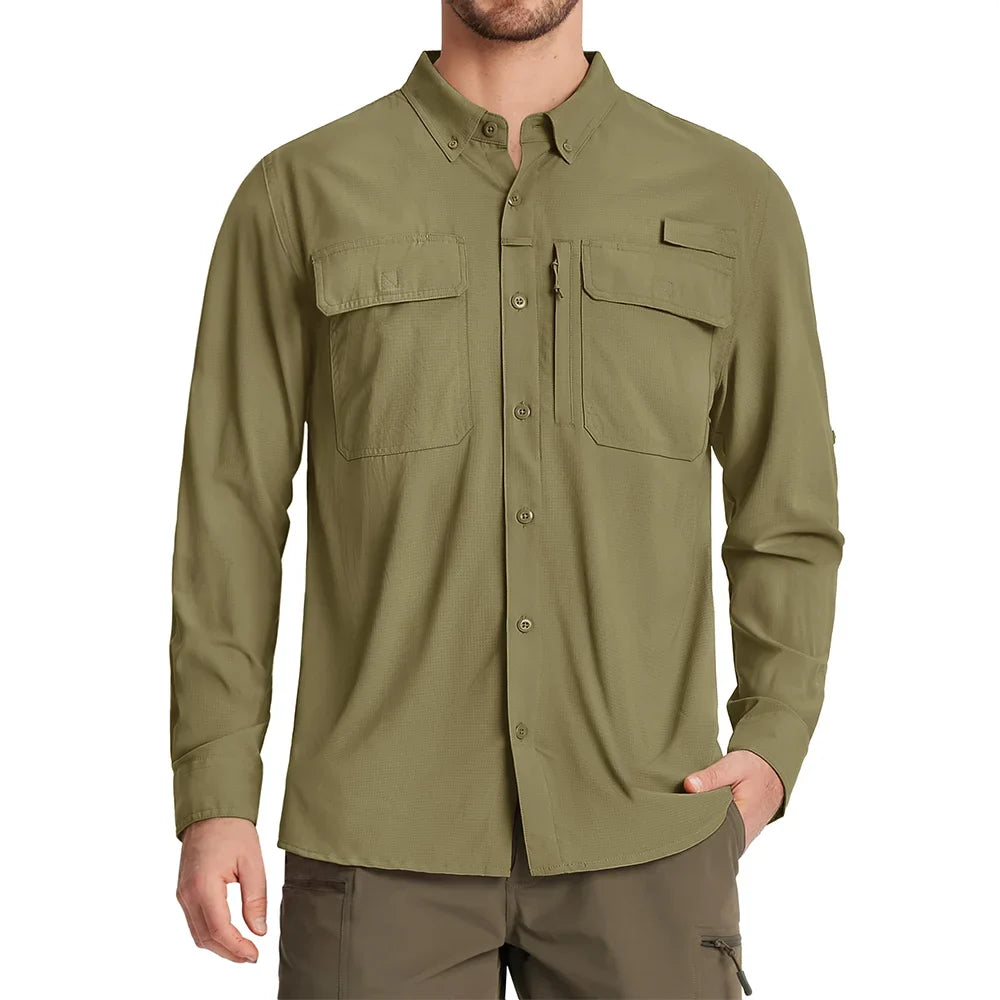 UPF 50+ Sun Protection Fishing Shirts Men's Quick Dry Long Sleeve Shirts Mesh Breathable Hiking Work Cargo Shirts