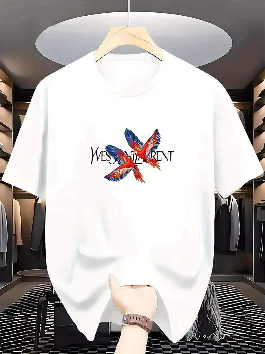 2026 Spring and summer new model parrot-pattern fashionable international brand printed round neck pure cottonT-shirt