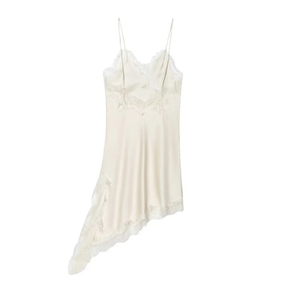 Woman Summer Sexy Sleeveless Backless Chic Beach Party Dress Women's Elegant Asymmetry Lace Decorate Slim Sling Dress