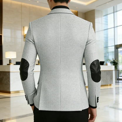Men's Vintage Houndstooth Blazer Notch Lapel Leather Elbow Patches Slim Fit Jacket Business Casual Sport Coat For Spring Autumn