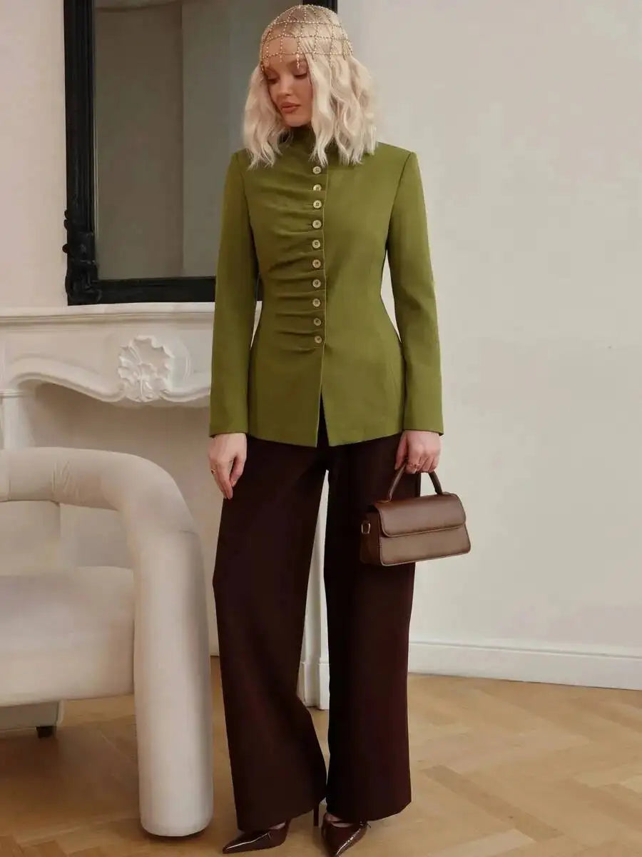 Women 2026 Spring Autumn Mandarin Collar Blazer Ruched Front Multi Row Buttons Long Sleeve Fit Formal Office Outerwear Coat