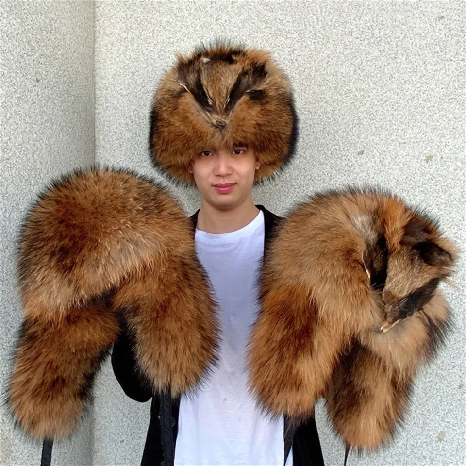 Men's Hat Winter Natural Raccoon Fur Er Hats Russian Hat Outdoor Warm Soft Luxury Quality Real Fur Cap Fur Hat for Men Caps