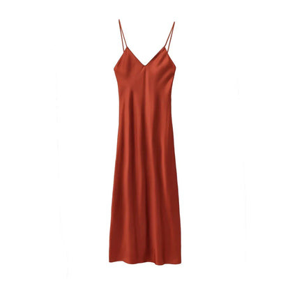 Women's Satin Midi Dress, V Neck, Thin Straps, Backless, Female Dresses, Sexy Fashion