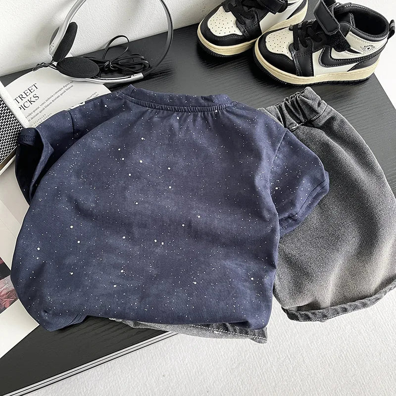 0-5Years New Baby Boy Fashion Cool Summer Clothes Suits Toddler Wings Printed T-shirt+Ripped Jeans 2pcs/sets Children Tracksuits