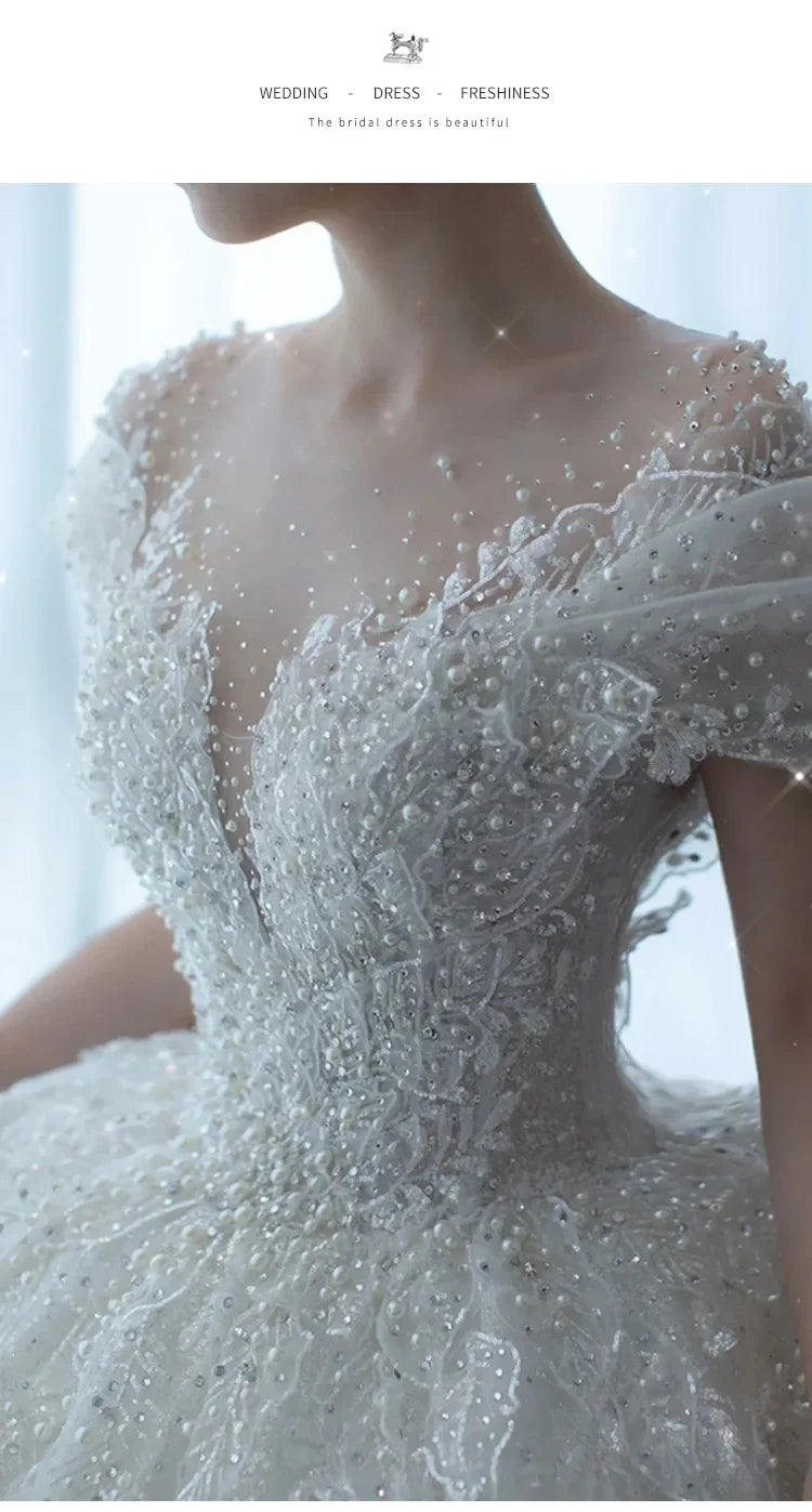 2025 Princess Sexy Luxury Crystal Beaded Wedding Dress Puff Tulle White Gown Bride Pregnant Women's High-end Gown with Trailing