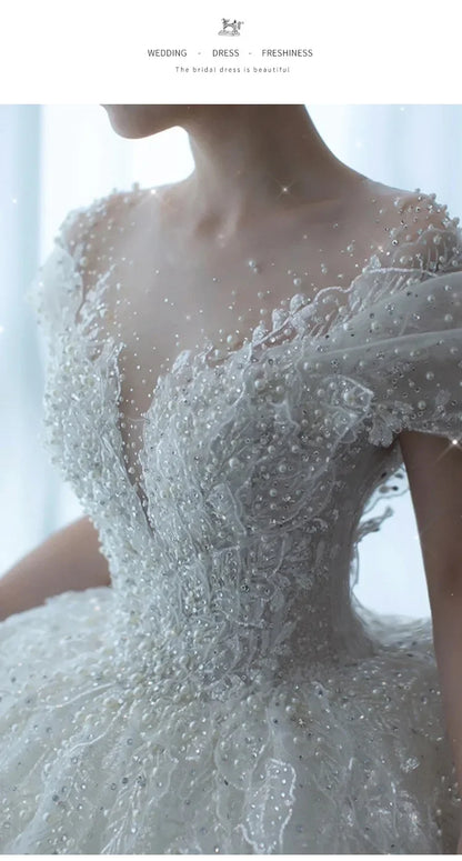 2025 Princess Sexy Luxury Crystal Beaded Wedding Dress Puff Tulle White Gown Bride Pregnant Women's High-end Gown with Trailing