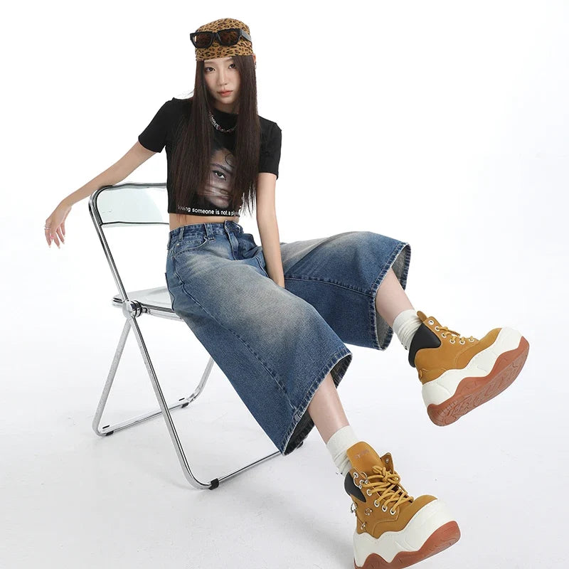 Women's American Vintage High Waist Denim Capri Design Sense Straight Leg Wide Leg Casual Shorts