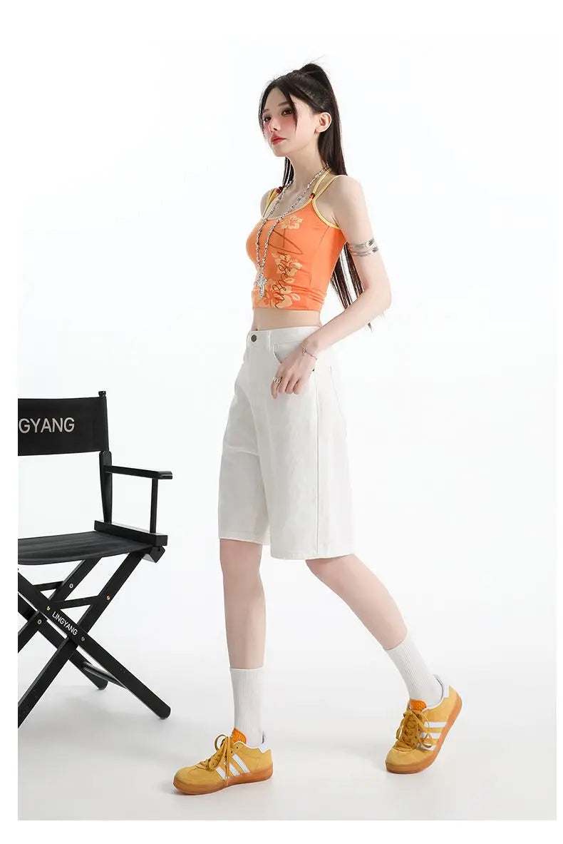 Women's High Waist Wide Leg  Y2K American Retro Washed Five-Point Denim Shorts Summer Loose Slim Straight Cut Mid-Length Pants