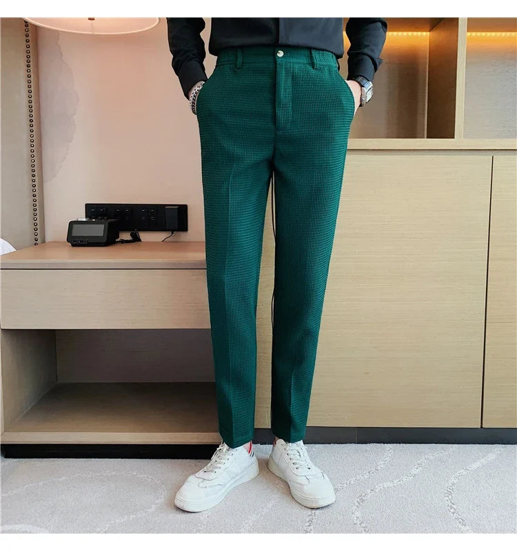 2024 Autumn New Waffle Stretch Waist Business Formal Pants Men Fashion Wedding Slim Trouser Mens Brand Social Party Suit Pants