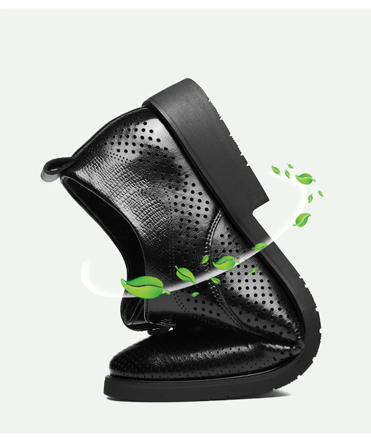 Men's Summer Breathable Leather Shoes Hollow out Fashionable Slip-On Comfortable Anti-Slip Soft Bottom Derby Shoes-SJ2501-1