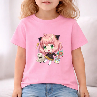 Anime Spy X Family Children T-Shirt+Bottom Wear Age 3-12 Girls Pink Set Black 2pcs Kids Set Print Summer Cool T-Shirt