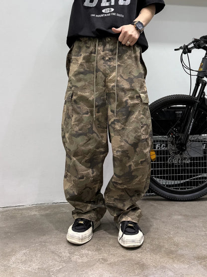 Vintage Camouflage Cargo Pants Men Tactical Multi Pocket Loose Fit Straight Leg Outdoor Casual High Quality Work Pants Trendy