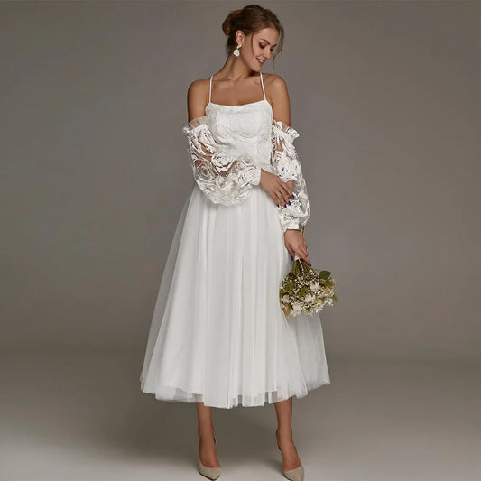 Sexy Short Wedding Dress Halter Sleeveless Lace Tulle A Line Bridal Gown Tea Length Vestidos De Novia Civil Bride Dresses