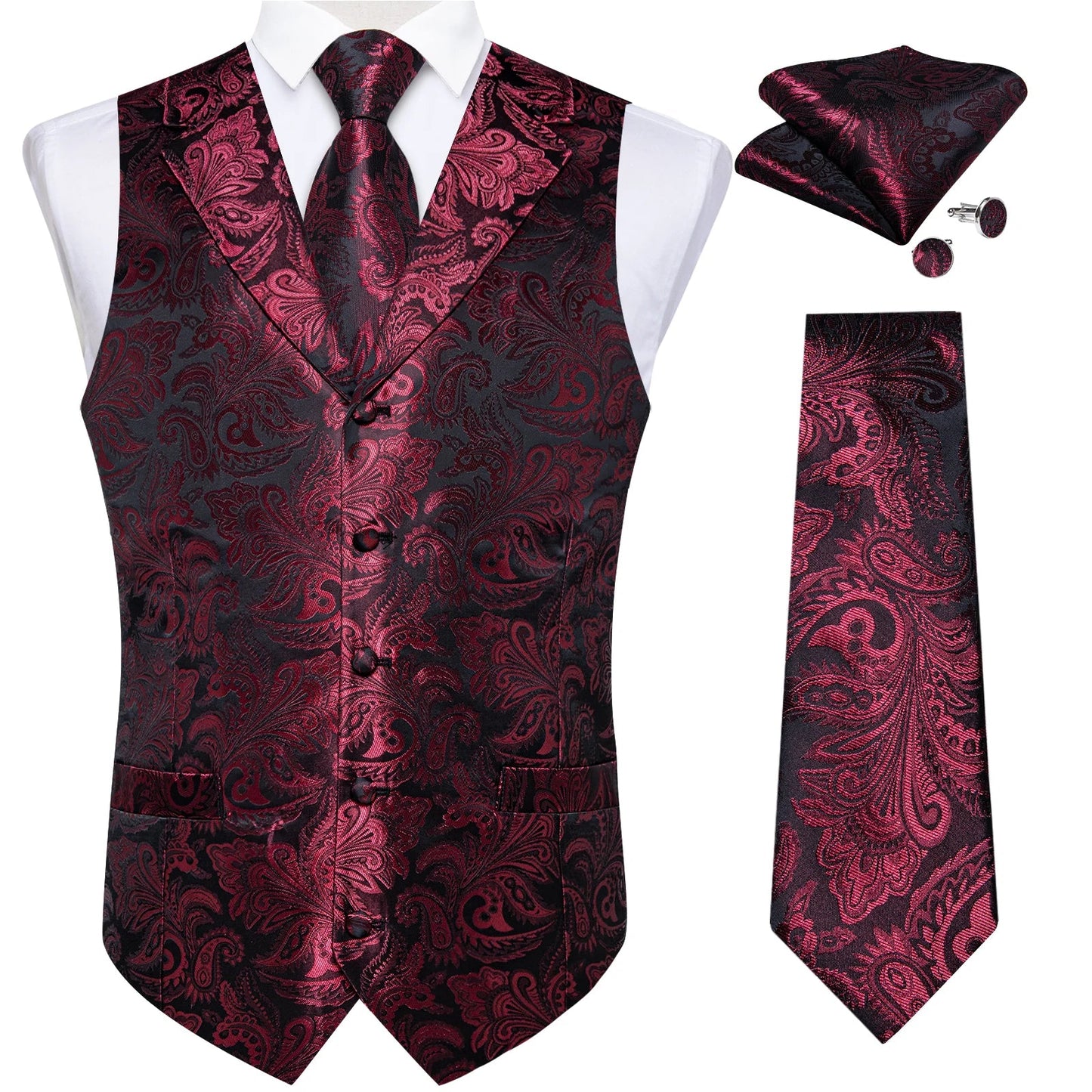 Men's Vest Tie Set Paisley Tuxedo Suit Waistcoat and Necktie Hankerchief Cufflinks for Wedding Party Groom Clothing