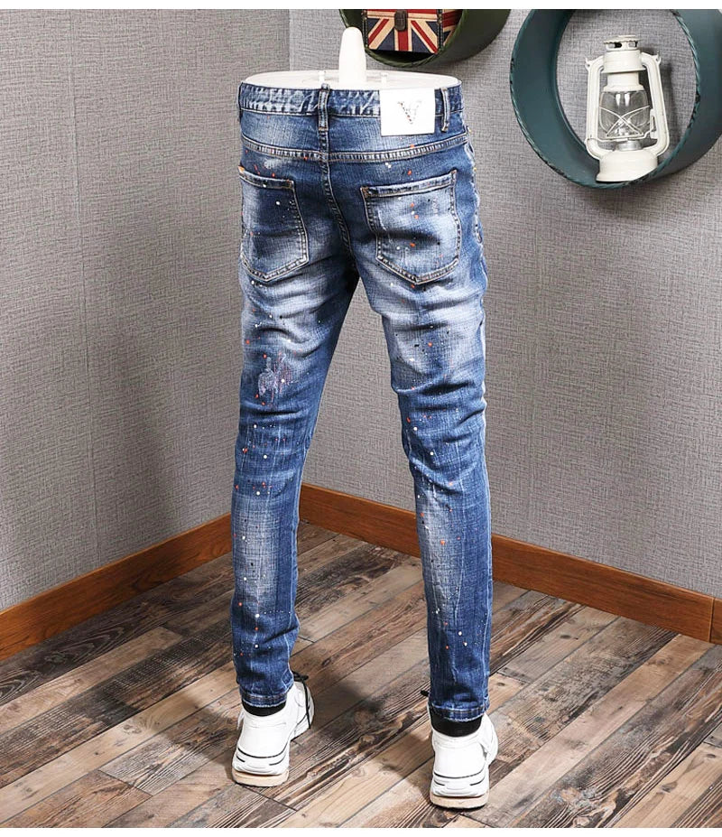 Fashion Streetwear Men Jeans Retro Black Blue Elastic Slim Fit Ripped Jeans Men Spliced Designer Embroidery Hip Hop Denim Pants